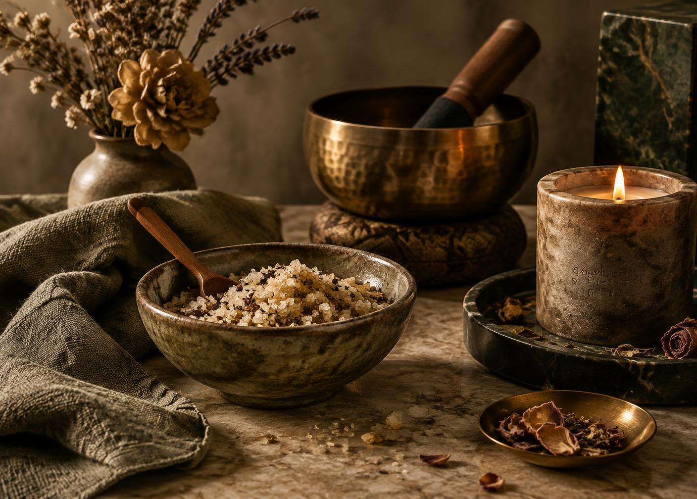 Obiecte de ritual spa: scrub cu sare, bol tibetan, lumânare